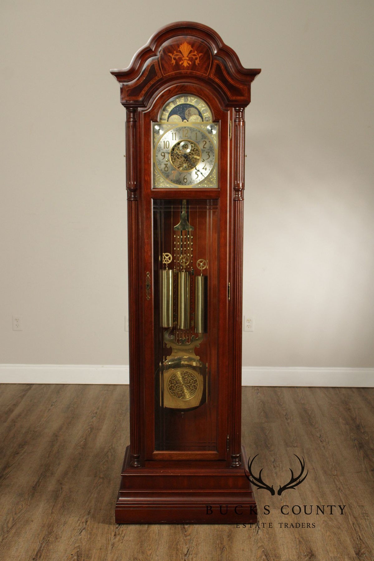 Sligh Mahogany Inlaid Grandfather Clock With Moon Phase Dial