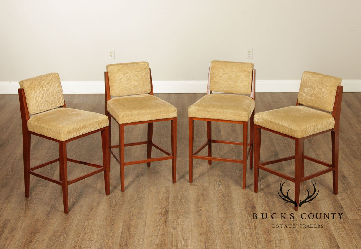 Mid Century Modern Style Set of Four Walnut Upholstered Counter Stools