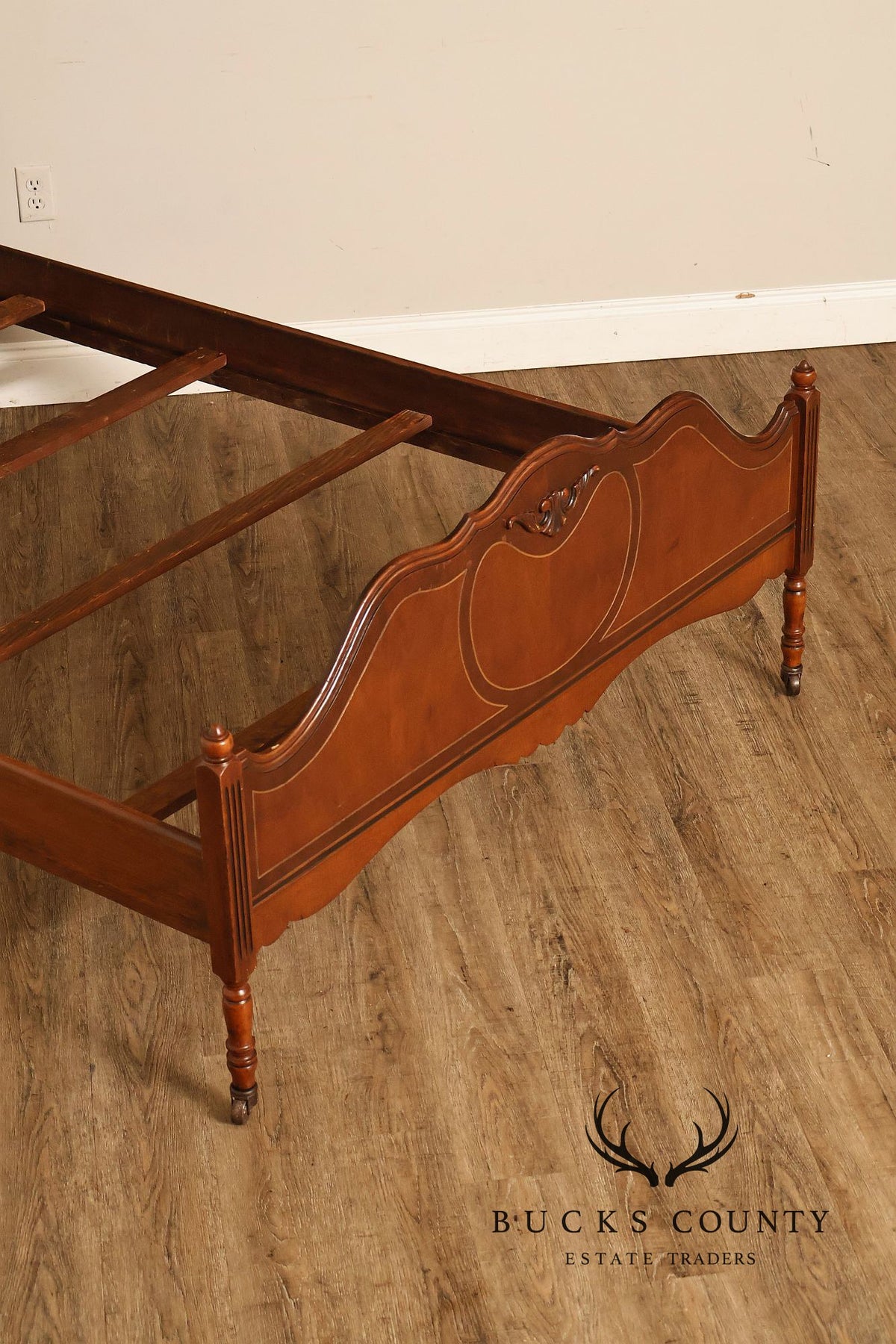 Antique Victorian Walnut Full Size Bedframe With Carved Floral Accents And Decorative Inlay
