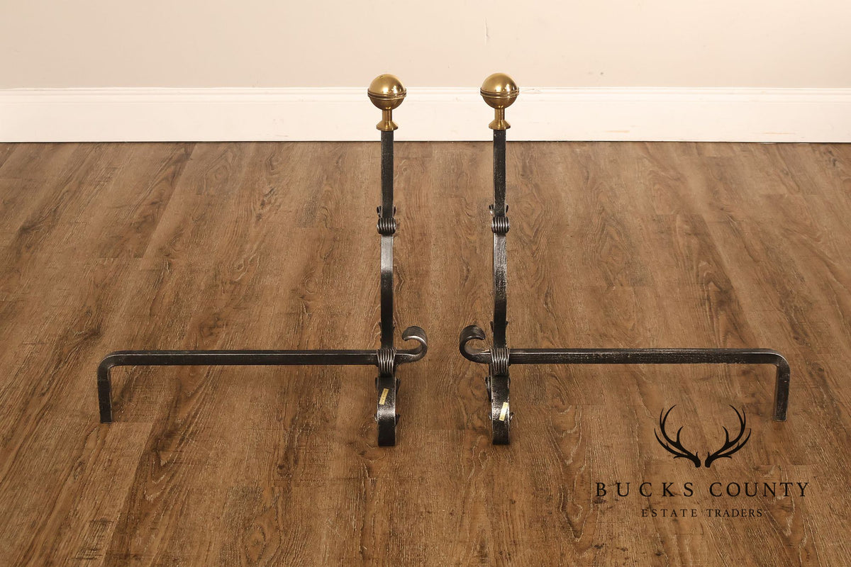 Pair of Italian Wrought Iron And Brass Fireplace Andirons