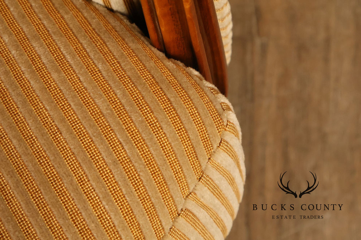 Medea Furniture Pair of Louis XVI Style Carved Bergere Armchairs With Gold Striped Velvet Upholstery