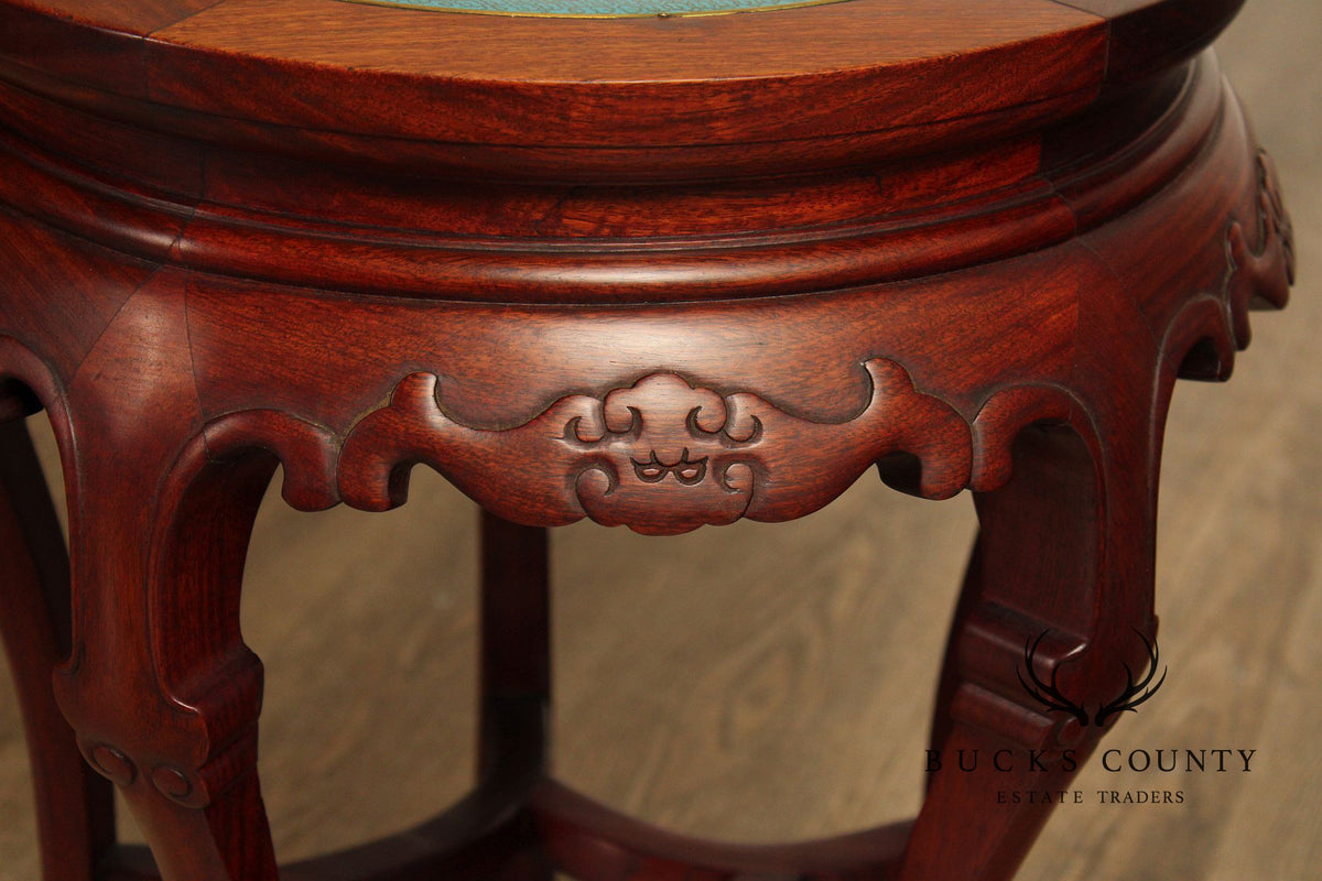 Pair of Chinese Style Cloisonné Inset Top Hardwood Accent Tables