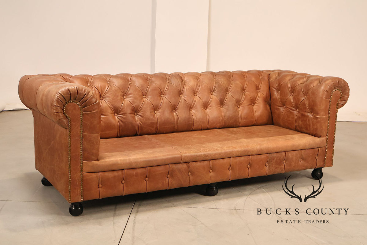 Chesterfield Style 7 Foot Distressed Brown Tufted Leather Sofa