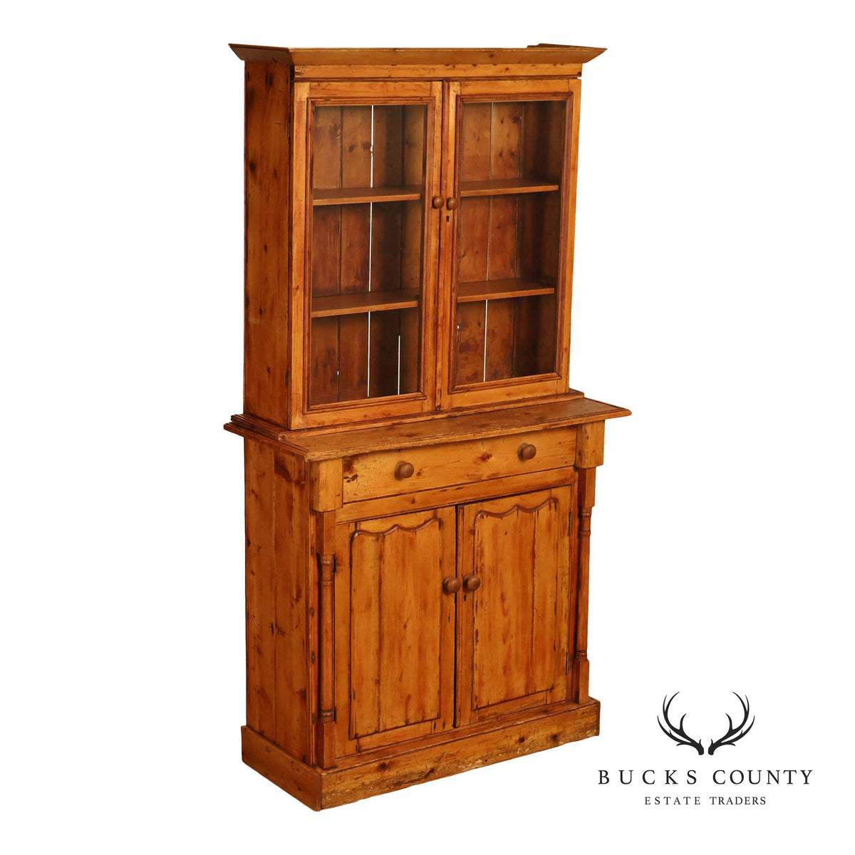 Antique Pitch Pine Four Door Stepback Cupboard With Glass Doors And Drawer