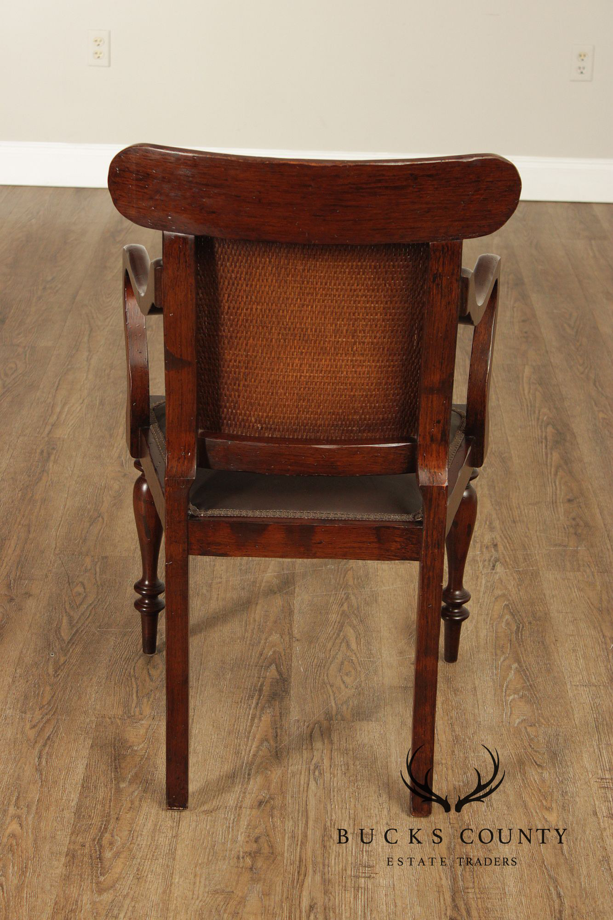 Vintage Anglo-Indian Style Pair of Caned Back Leather Seat Armchairs