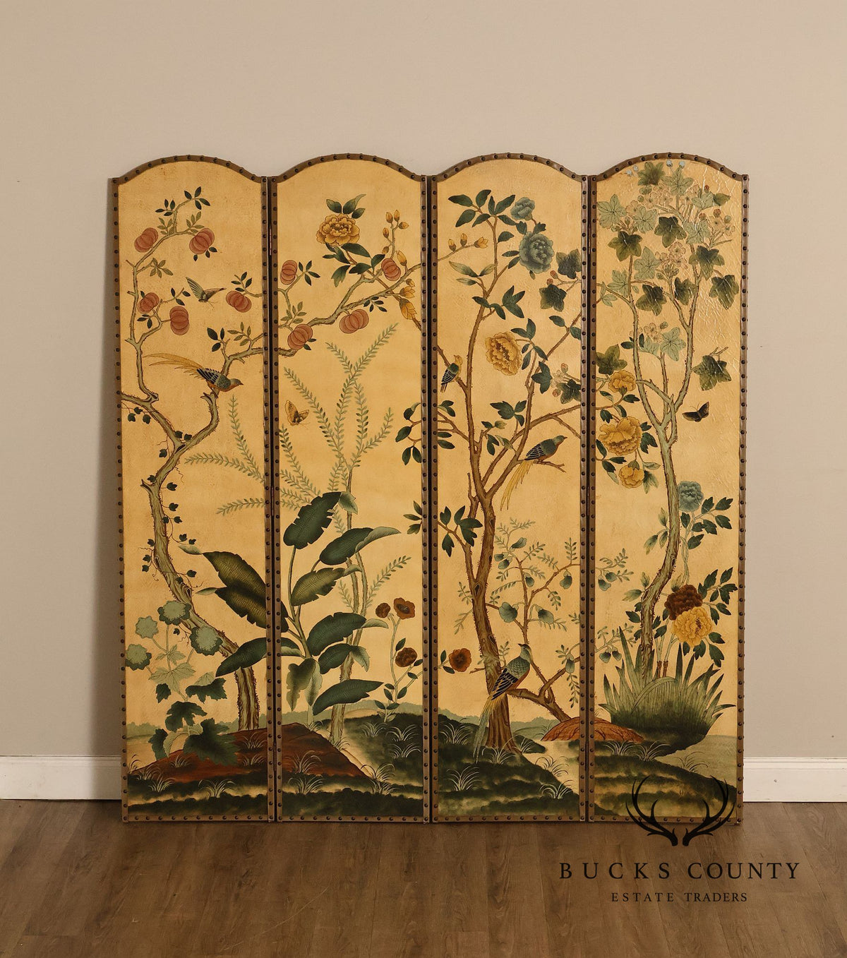 Decorative Crafts Chinoiserie Style Four Panel Hand-Painted Folding Screen