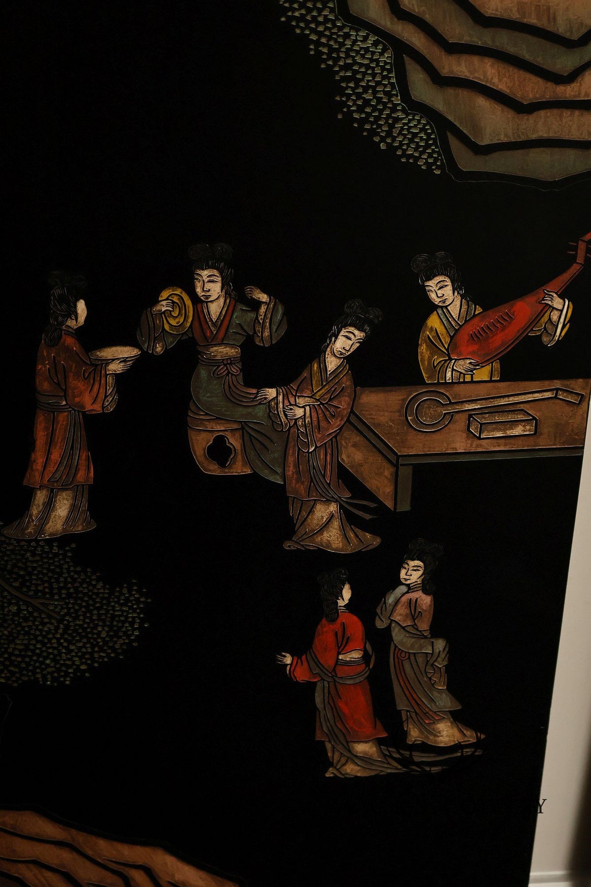 Asian Style Black Vintage Lacquer Six Panel Folding Screen