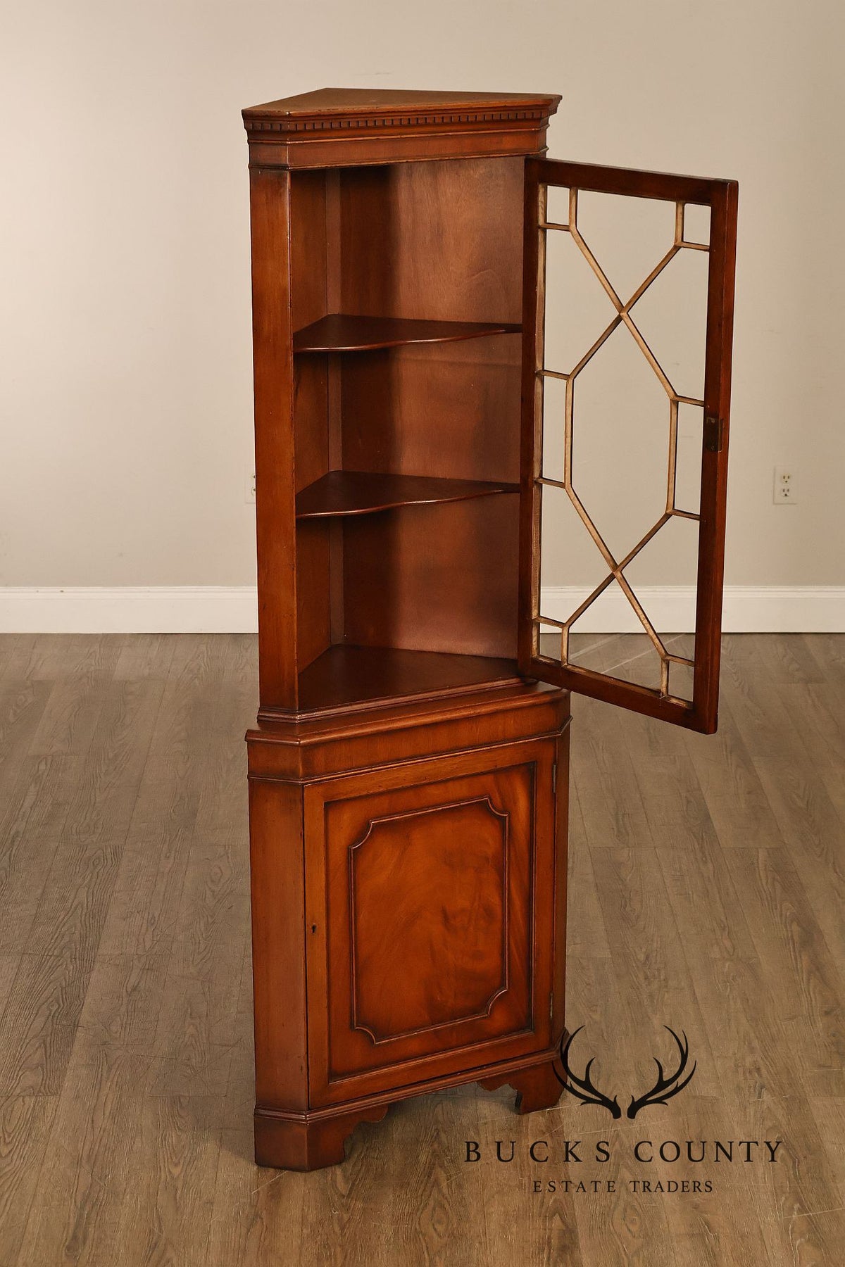 Georgian Style Narrow Mahogany Corner Cabinet With Geometric Glass Door