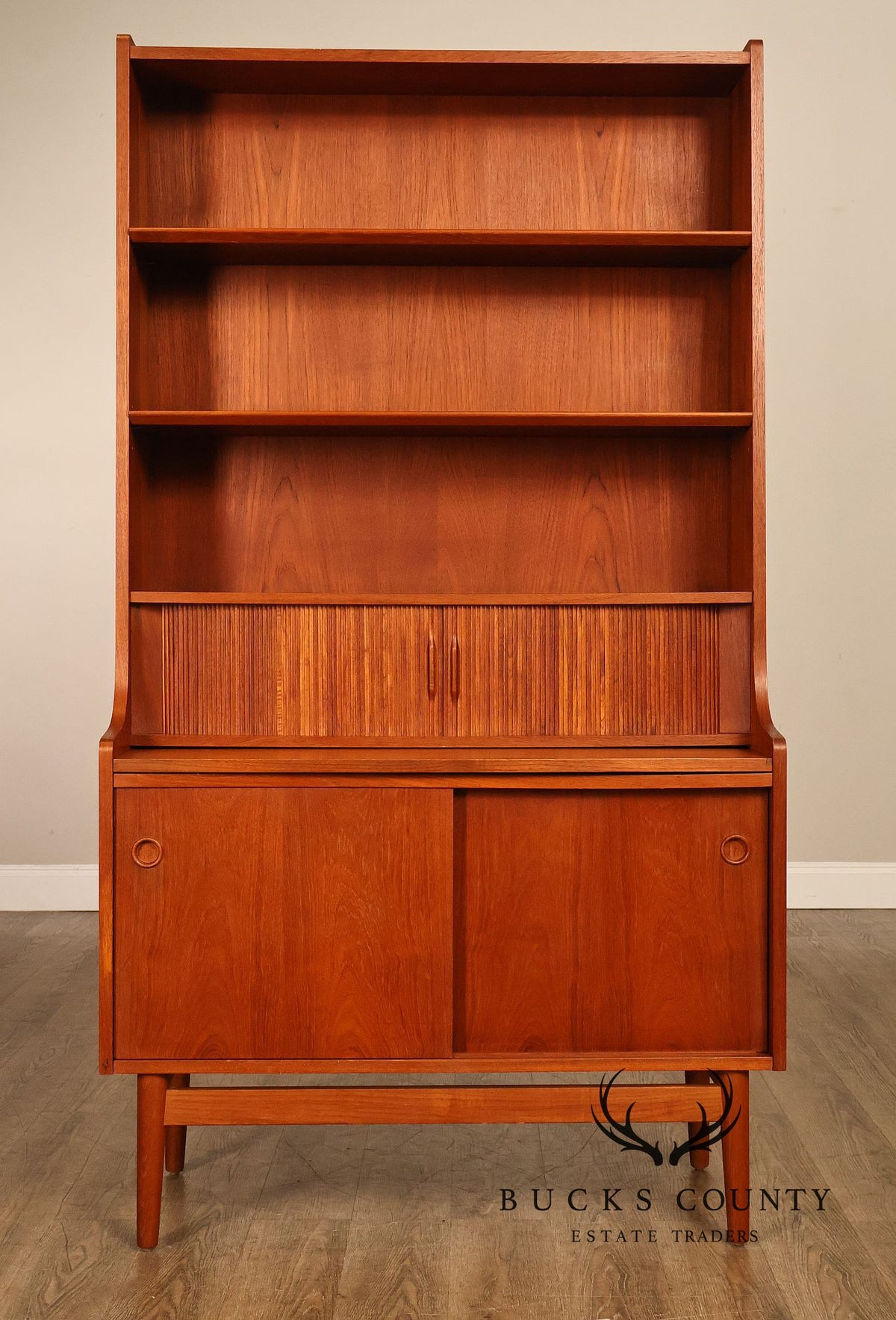 Johannes Sorth for Bornholm Mobelfabrik Danish Teak Tambour Door Secretary Desk Bookcase