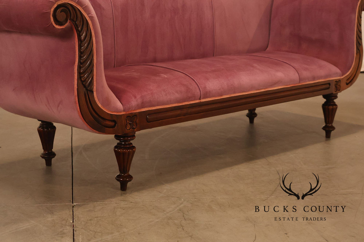 Victorian Style Mahogany Carved Wood Framed Pink Velour Upholstered Sofa