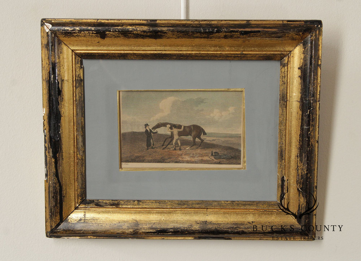 English Traditional Antique Framed Equestrian Print, 'Rubbing Down'