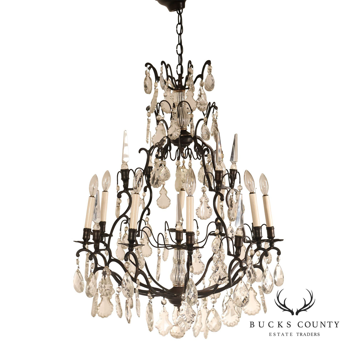 French Louis XV Style Crystal And Wrought Iron Eight Light Chandelier