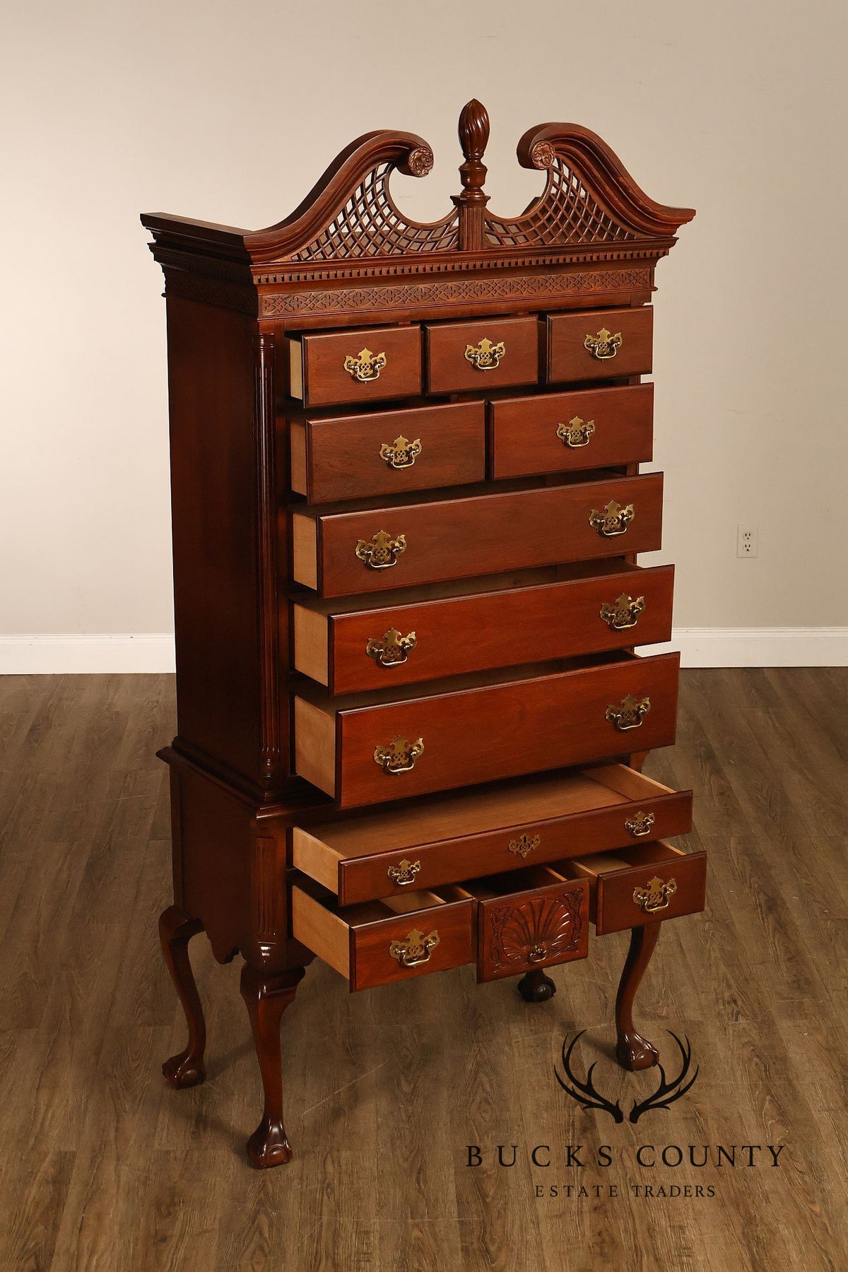 American Drew Traditional Chippendale Style Mahogany Highboy Chest on Chest Tall Dresser