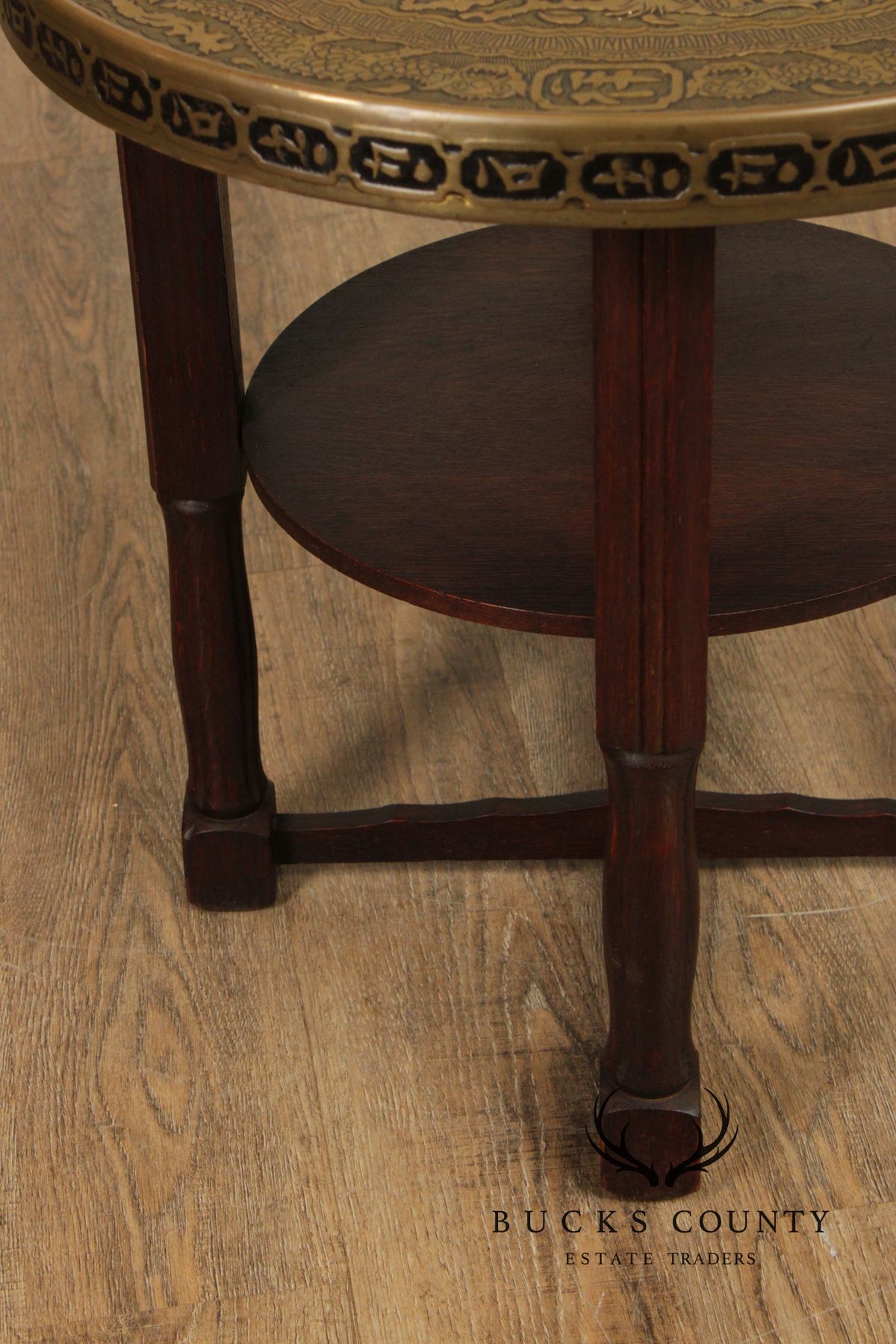 Chinese Style Bronze Top And Wood Base Accent Table With Dragon Motif