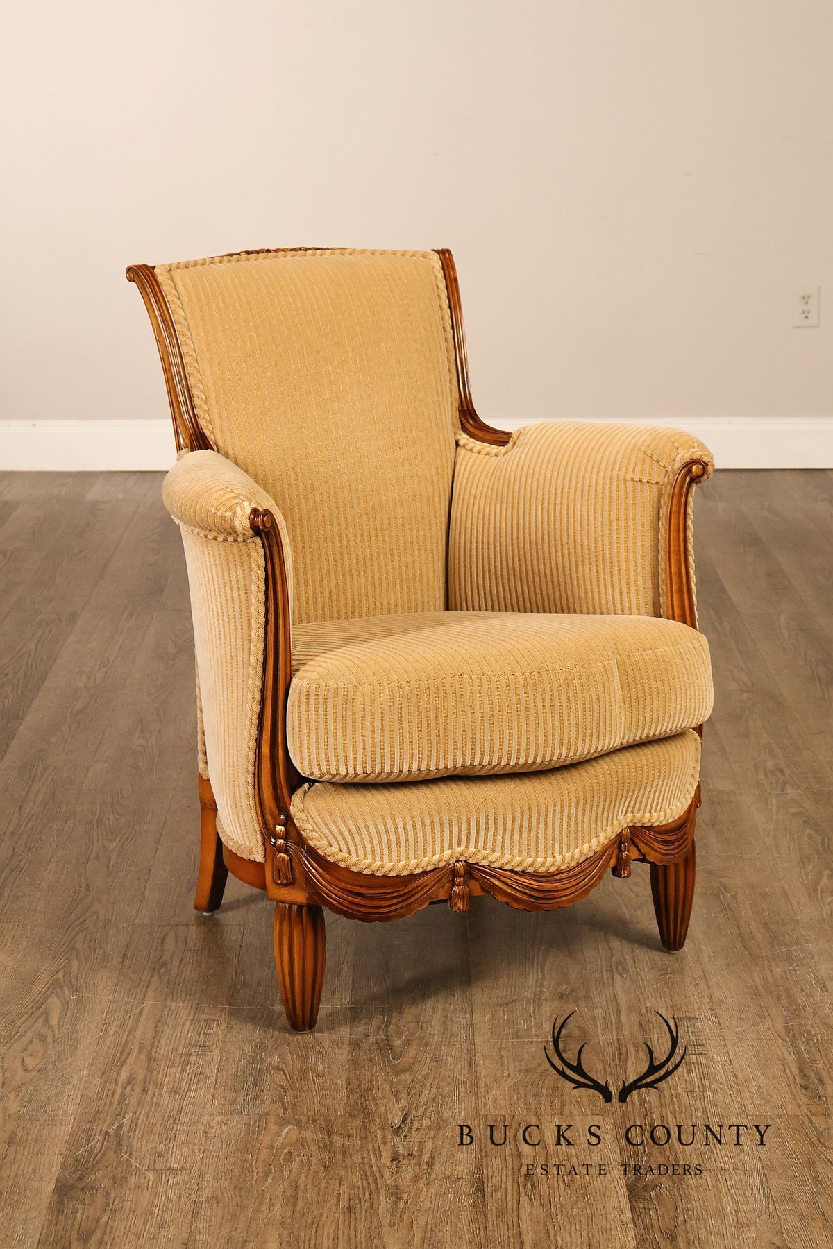 Medea Furniture Pair of Louis XVI Style Carved Bergere Armchairs With Gold Striped Velvet Upholstery