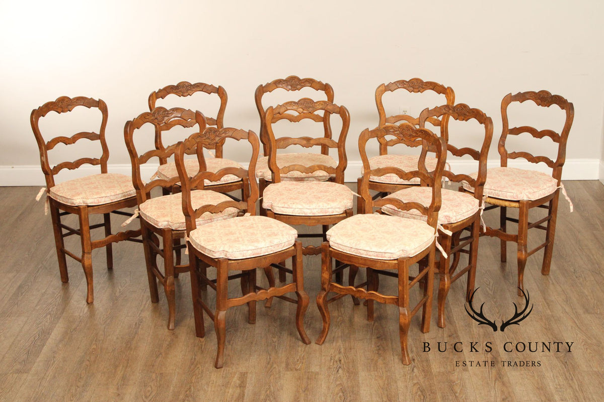French Provincial Set Of 10 Rush Seat Dining Chairs