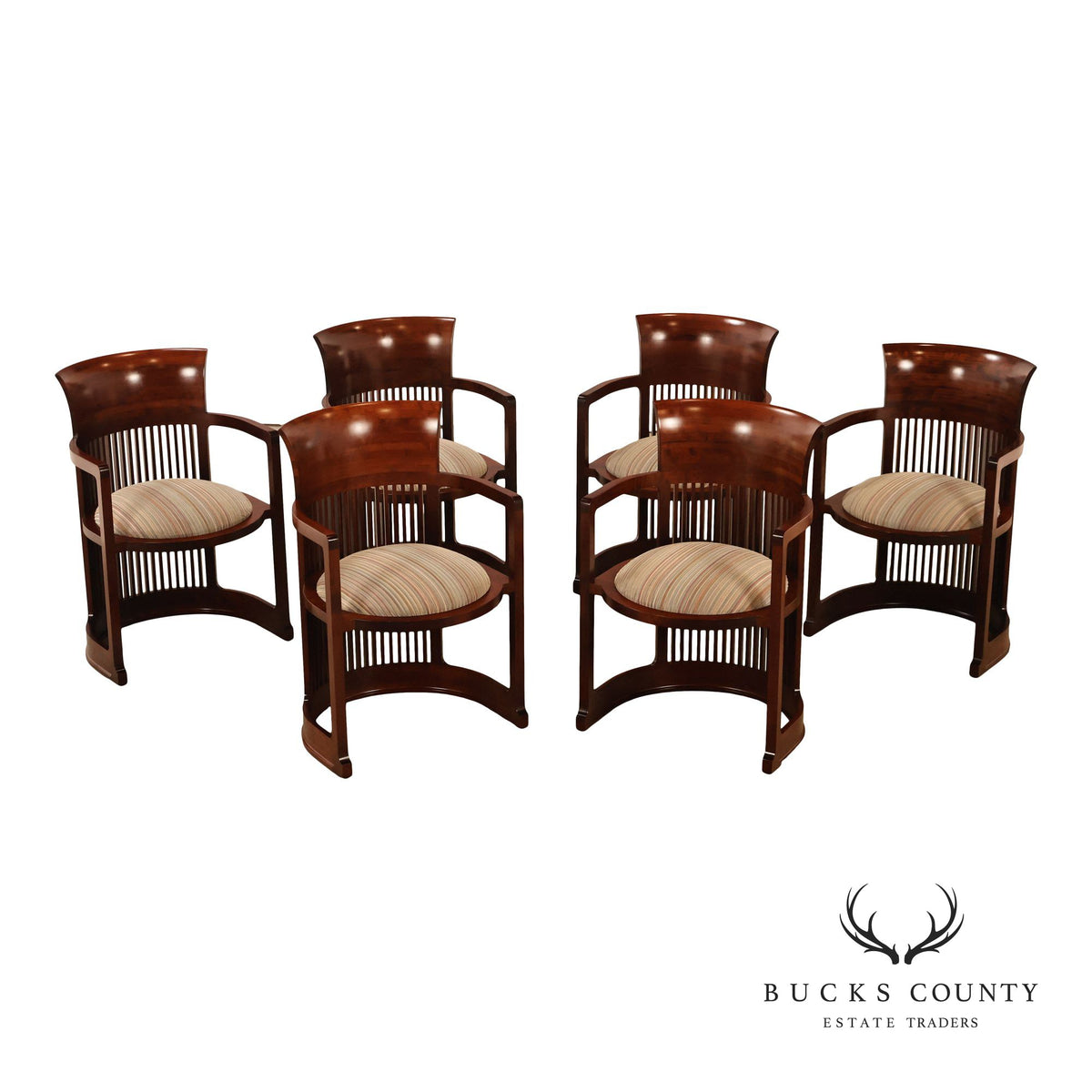 Cassina Frank Lloyd Wright Model 606 Set Of Six Cherry Barrel Dining Armchairs