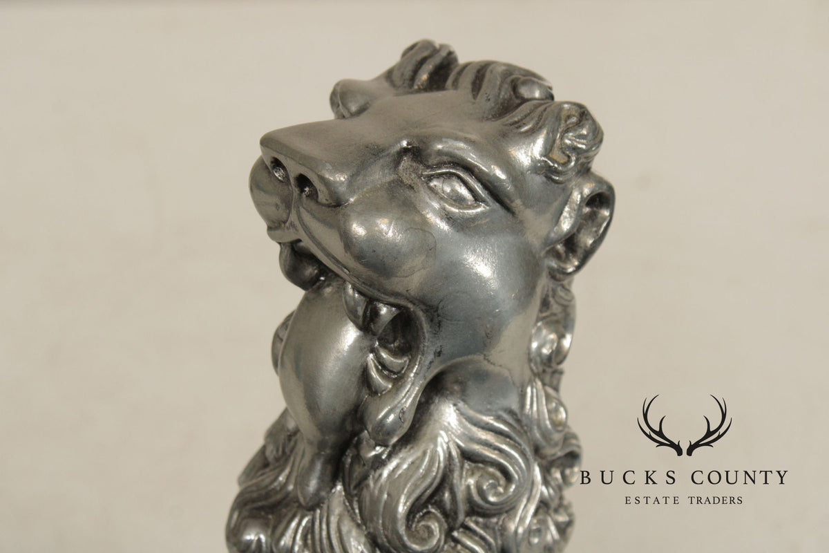 Vintage Pair Of Silvered Metal Lion Bookends