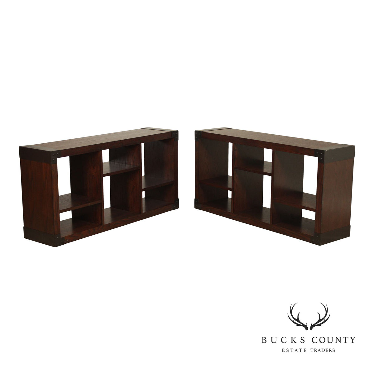 Contemporary Pair Of Open Display Bookcases In Dark Wood