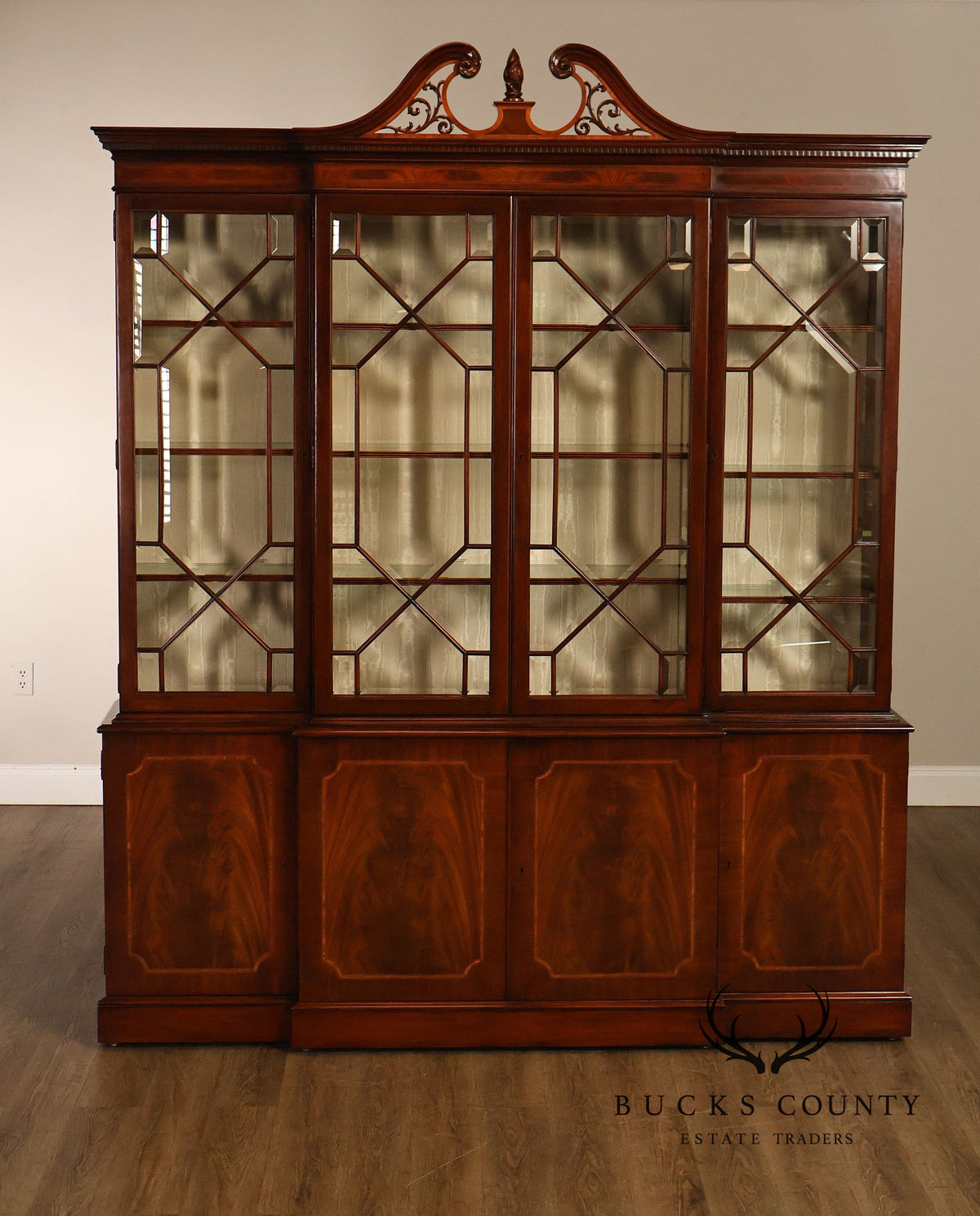Karges English Style Mahogany Breakfront China Cabinet Display Bookcase with Carved Pediment and Silk Backing