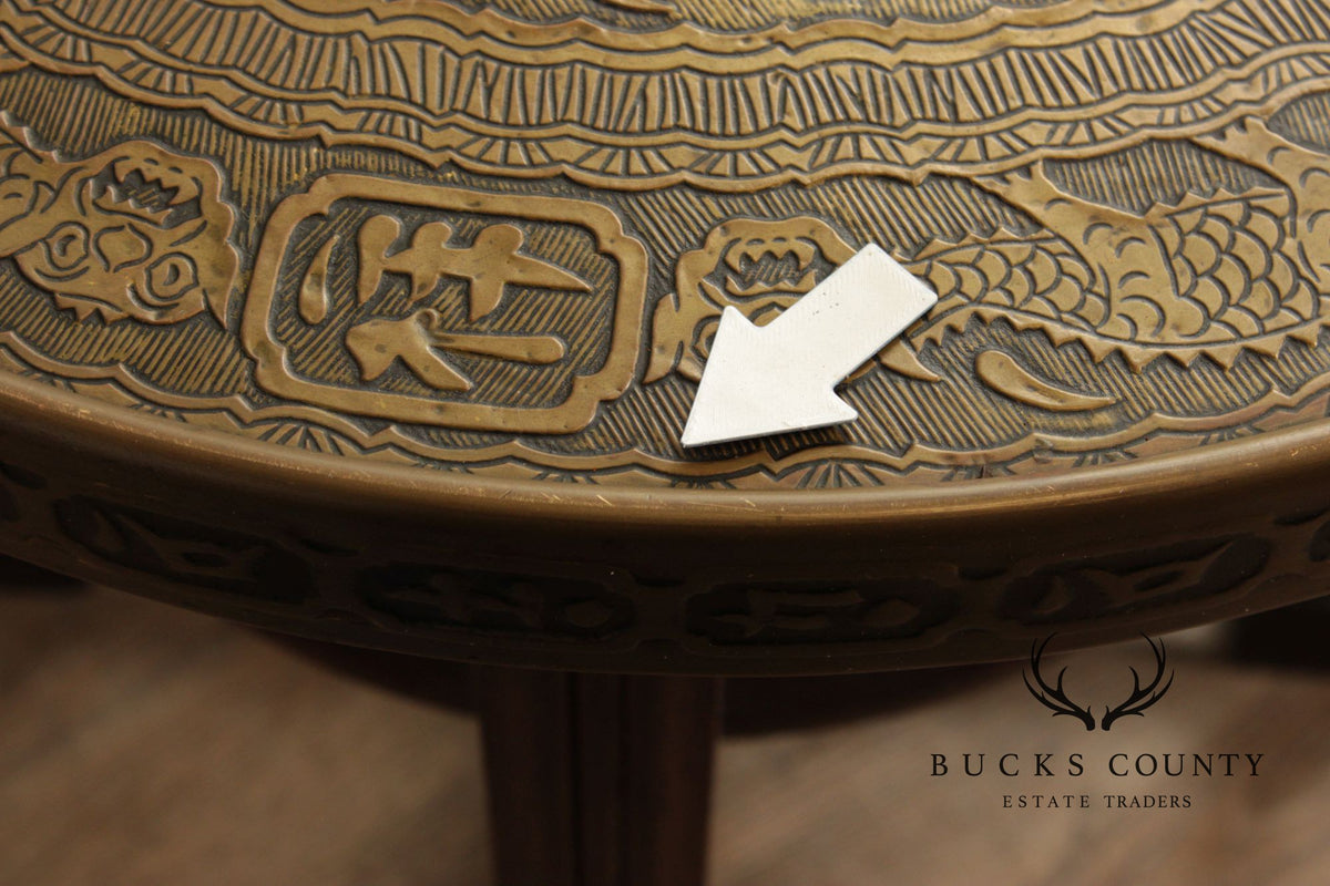 Chinese Style Bronze Top And Wood Base Accent Table With Dragon Motif