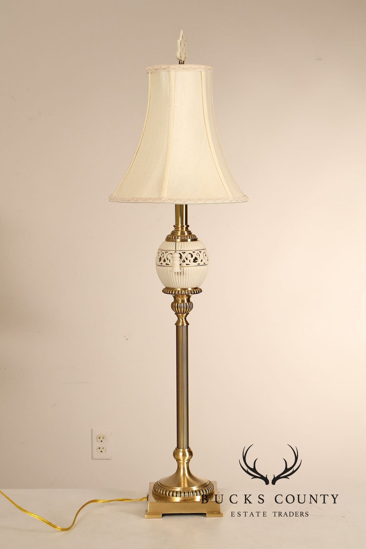 Lenox For Quoizel Pair of Brass and Porcelain Tall Table Lamps