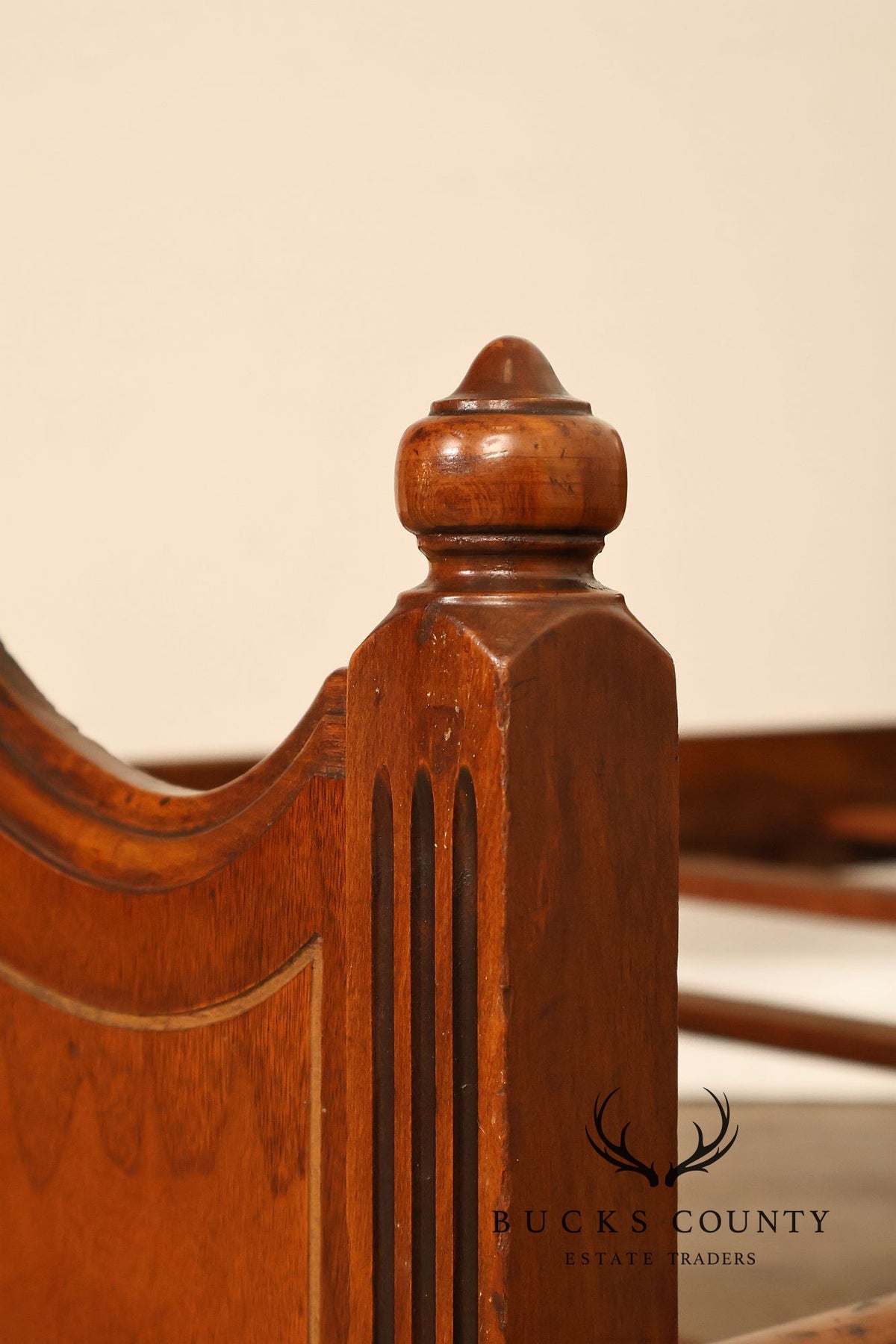 Antique Victorian Walnut Full Size Bedframe With Carved Floral Accents And Decorative Inlay