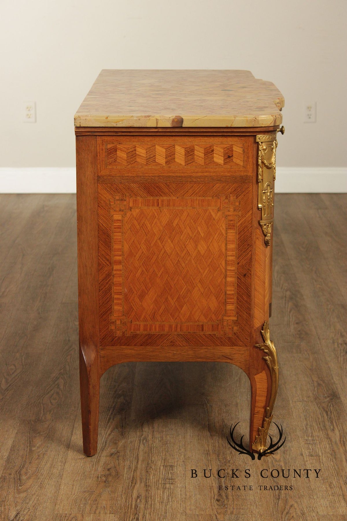 Antique French Louis XV Style Marquetry Marble Top Commode