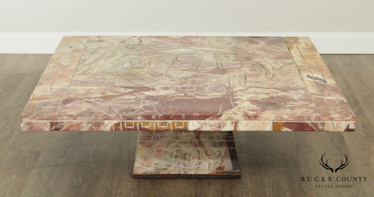 Mid Century Carved Onyx Mayan Style Large Square Coffee Table