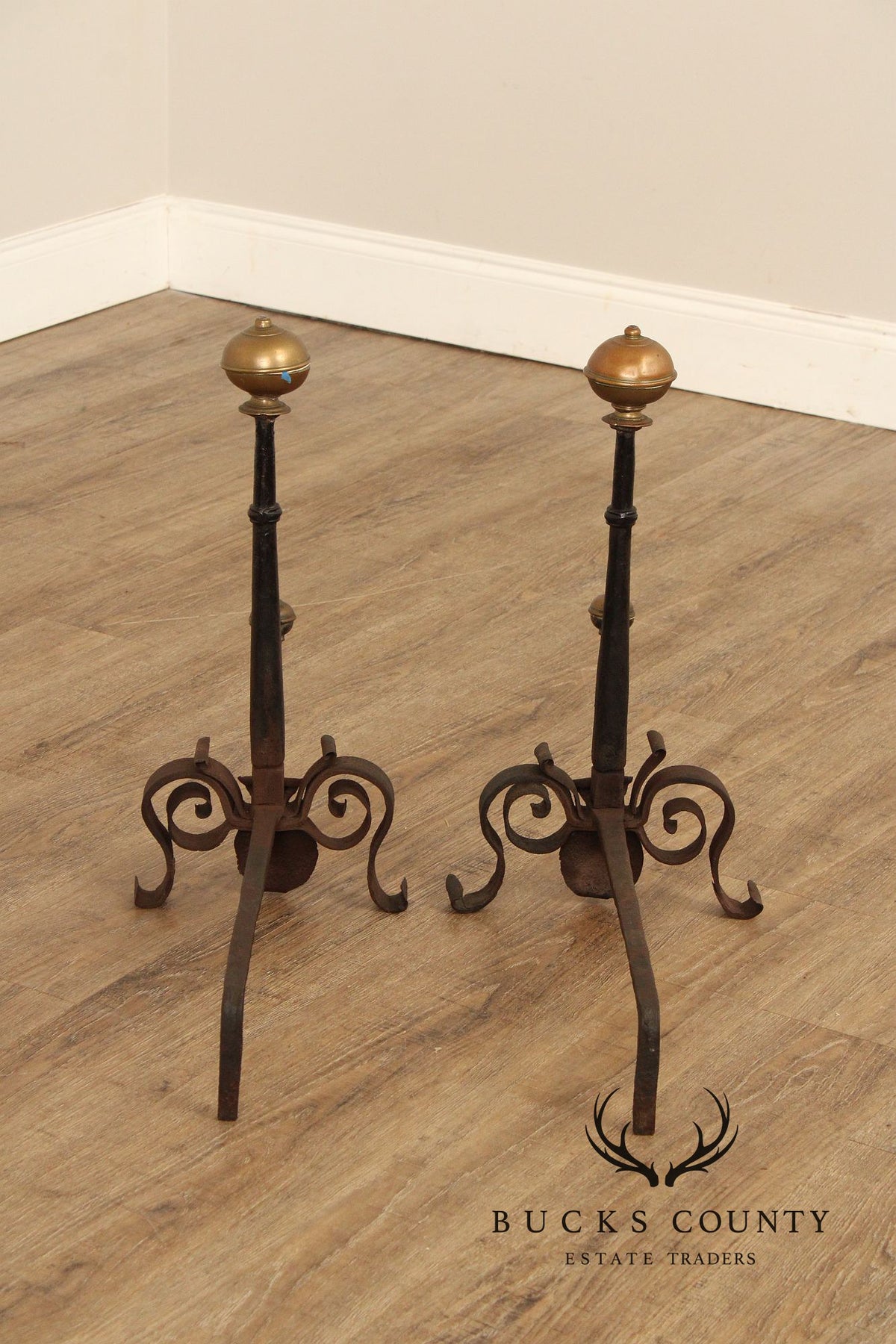 Antique Pair of Forged Iron and Brass Fireplace Andirons
