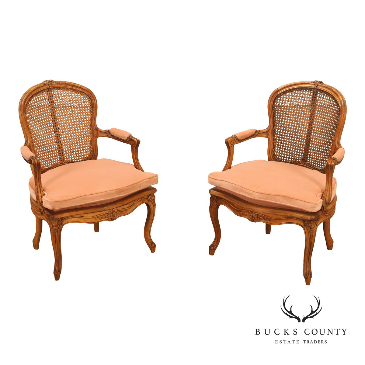 Antique French Louis XV Style Pair Of Carved Wood Caned Armchairs