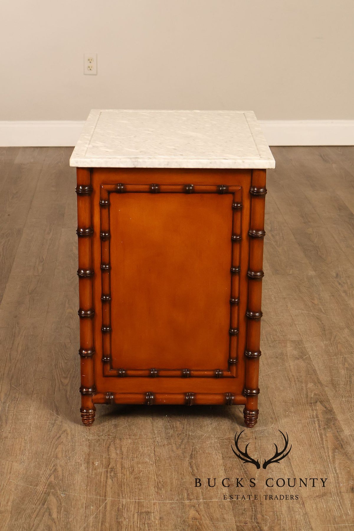 Williams Sonoma Pair of Marble Top Faux Bamboo Nightstands
