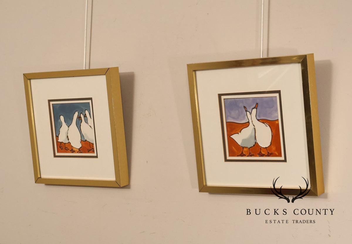 Pair of Harris G. Strong Framed Duck Ceramic Tile Matted Art
