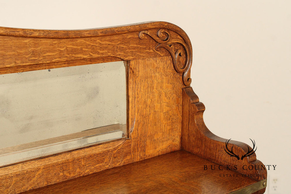 Antique Victorian Golden Oak Sideboard With Mirrored Back