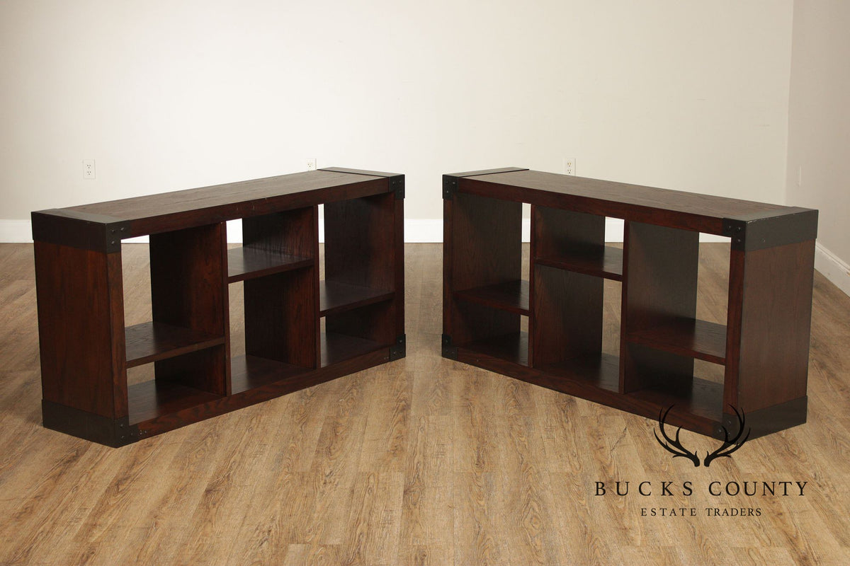 Contemporary Pair Of Open Display Bookcases In Dark Wood