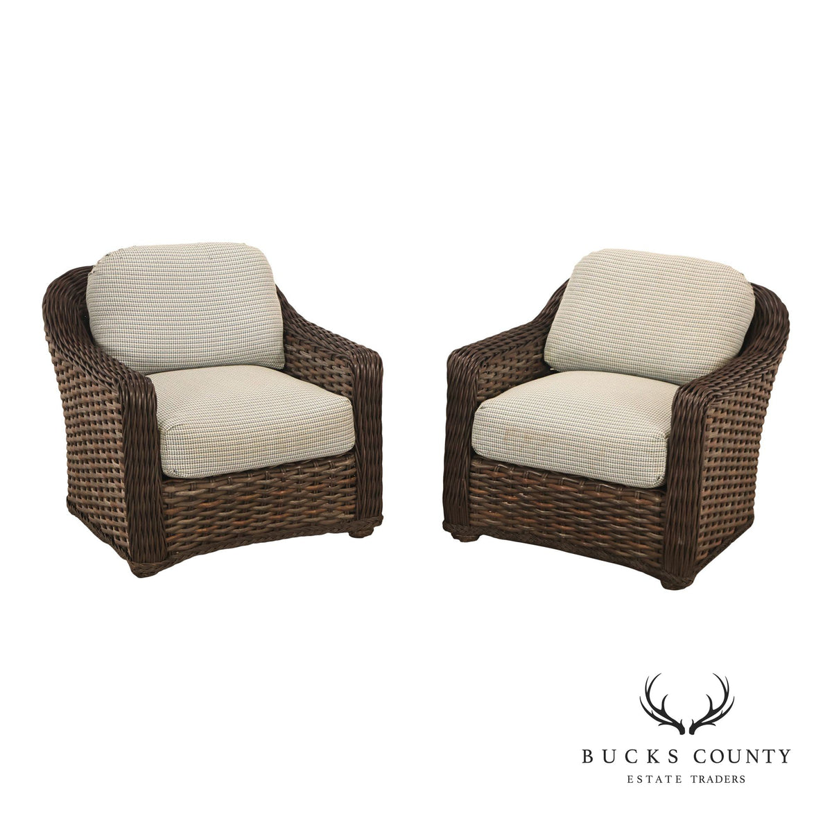 Lane Venture Pair Of Woven Wicker Outdoor Lounge Club Chairs With Cushions