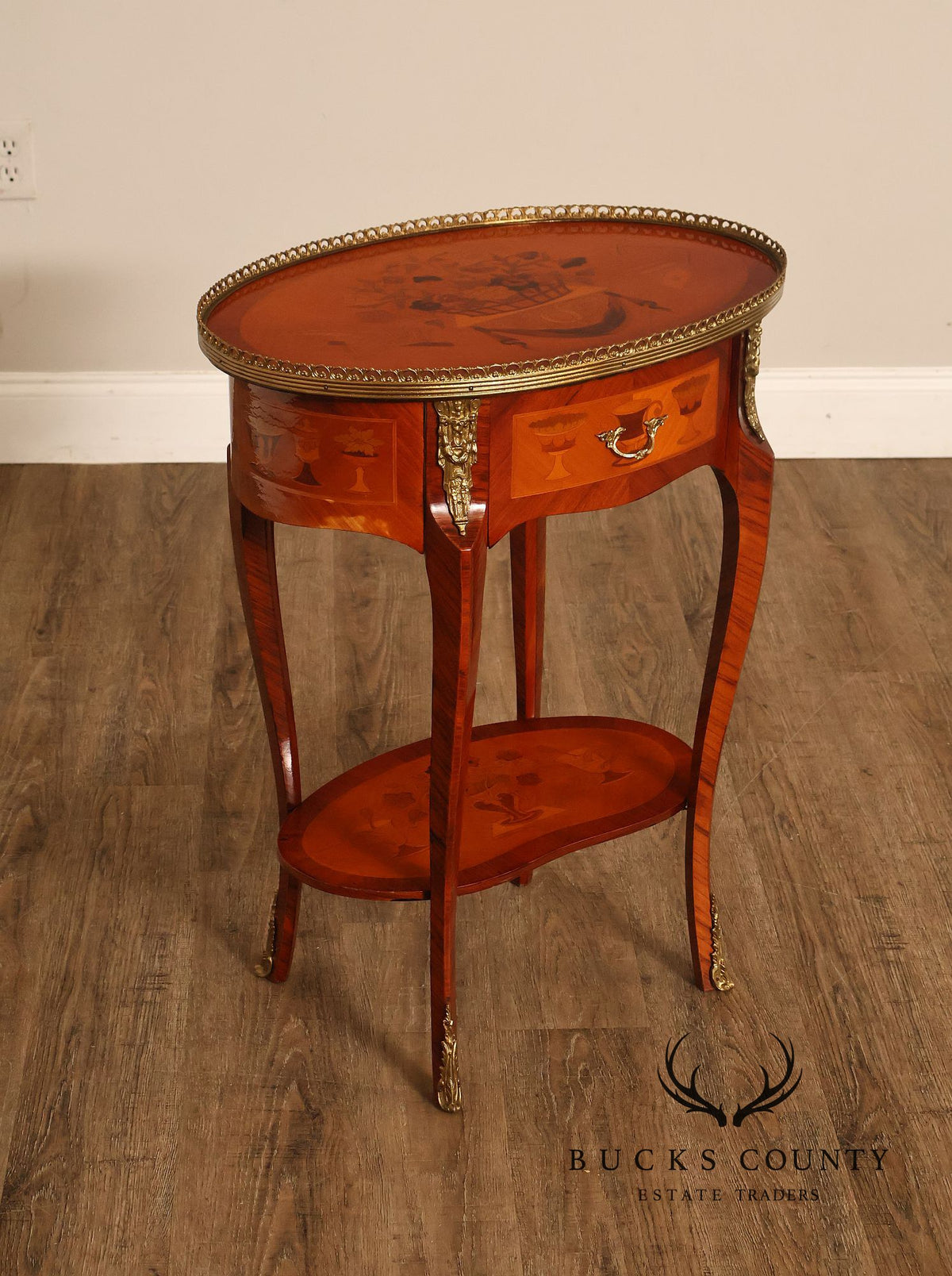 French Louis XVI Style Inlaid Oval Accent Table With Ormolu Mounts