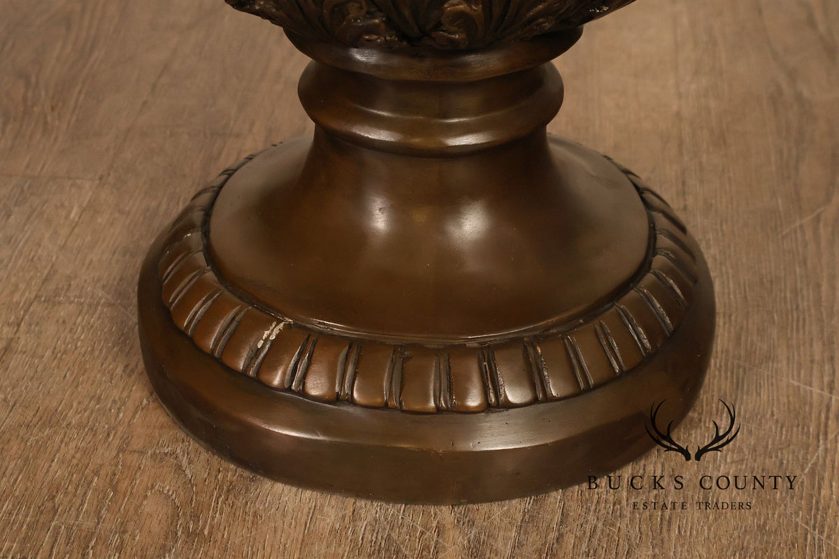 Neoclassical Style Large Pair Of Cast Bronze Covered Urns With Figural Relief