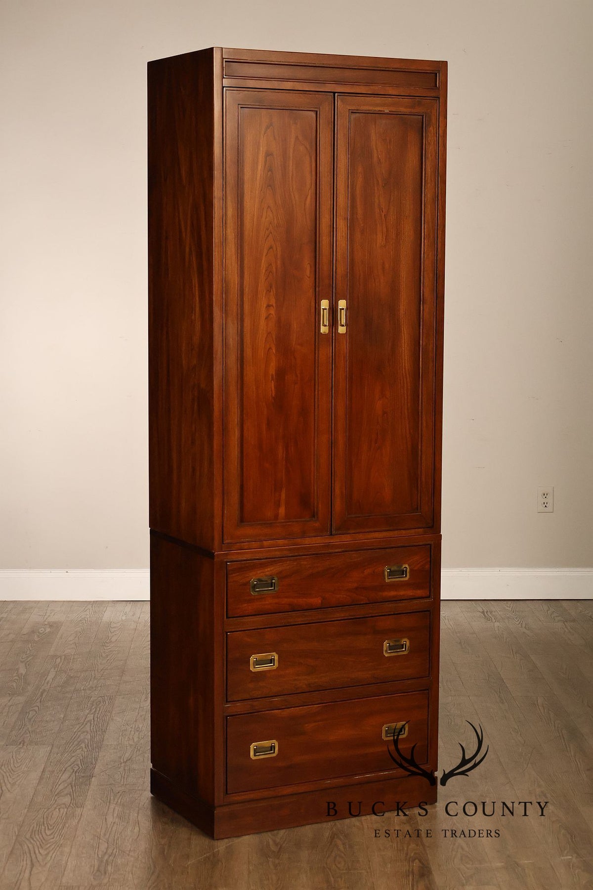 Ethan Allen Campaign Style Pair of Walnut Armoires