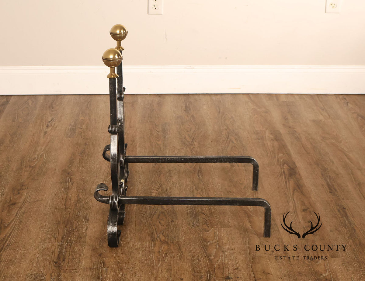 Pair of Italian Wrought Iron And Brass Fireplace Andirons