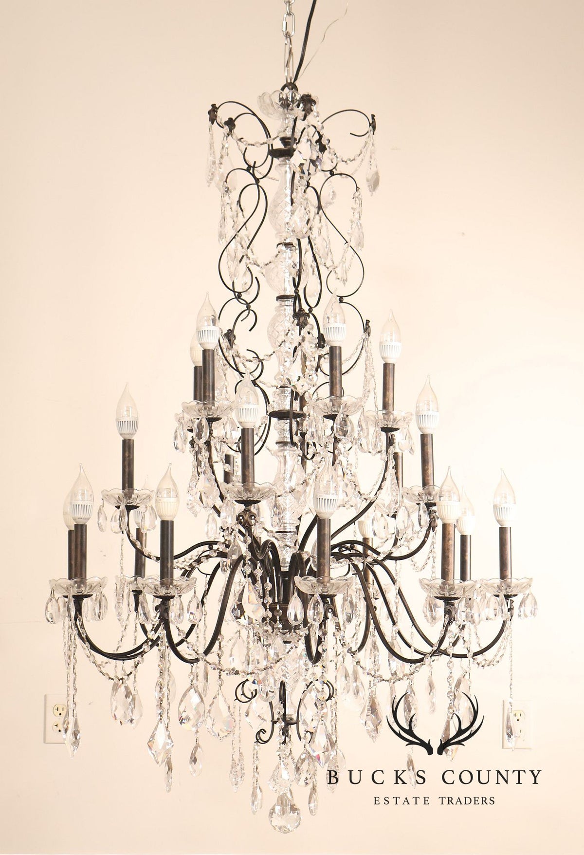 Large Twenty-Light Crystal And Wrought Iron 55" Chandelier
