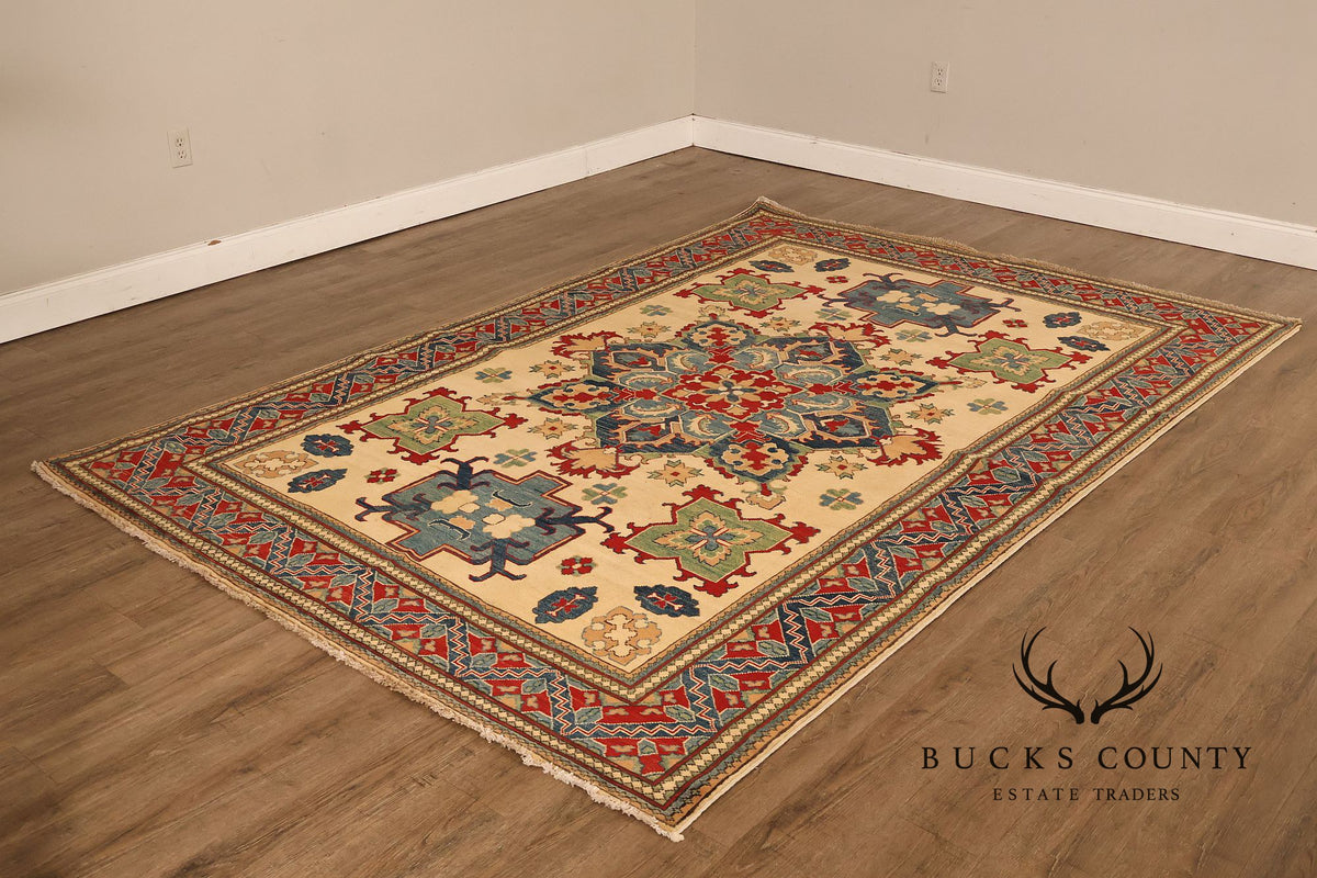 Afghan Kazak Style Wool Area Rug With Central Medallion 6x9