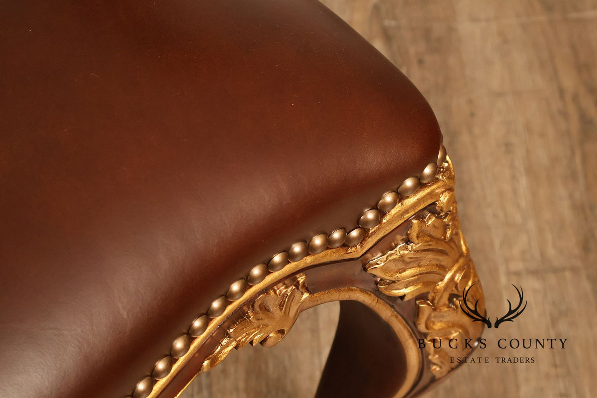 Scarborough House Pair Of French Rococo Style Gilt Mahogany Leather Upholstered Armchairs