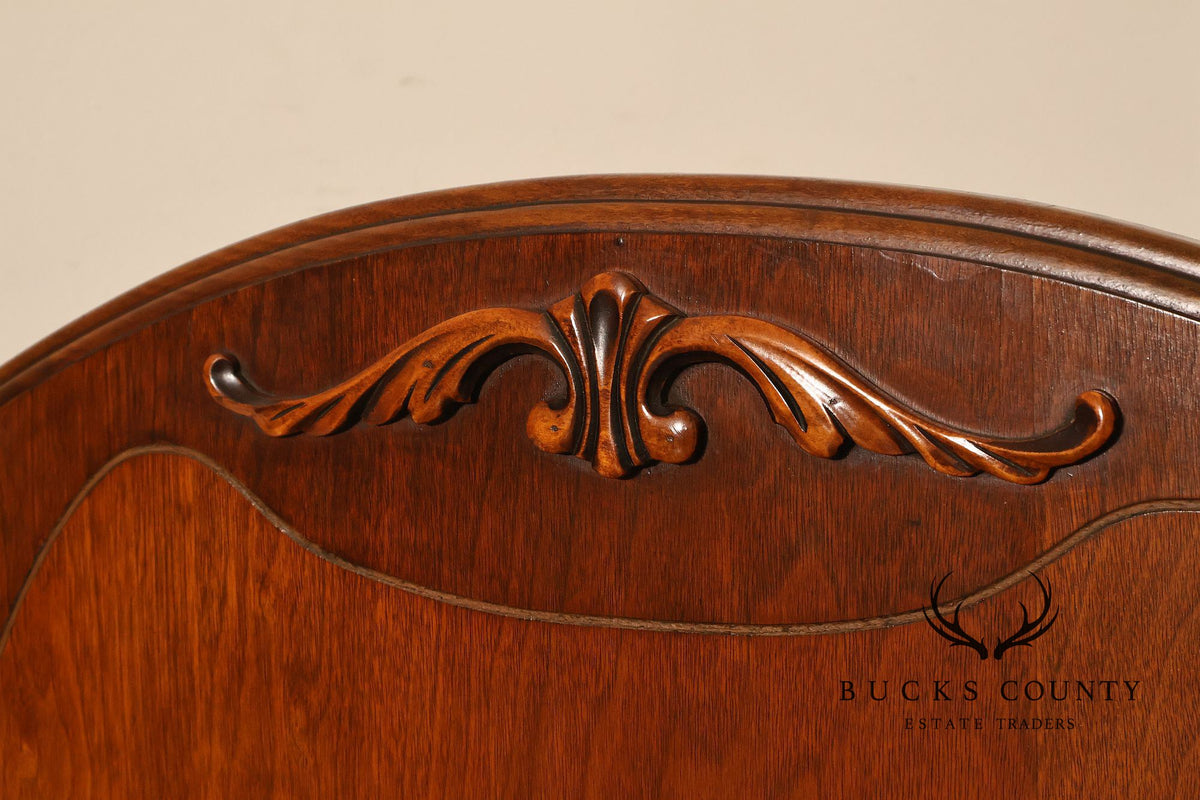 Antique Victorian Walnut Full Size Bedframe With Carved Floral Accents And Decorative Inlay