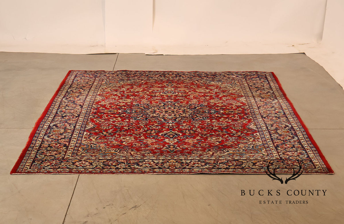 Hand Knotted Persian Style Vintage Wool Area Rug Red Field Floral Medallion