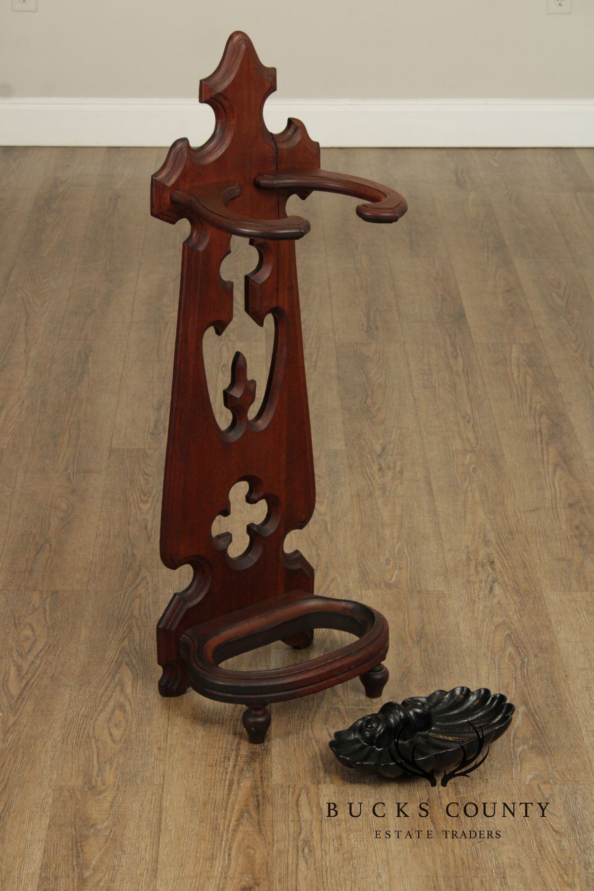 Antique Victorian Gothic Revival Umbrella Stand With Cast Iron Drip Pan