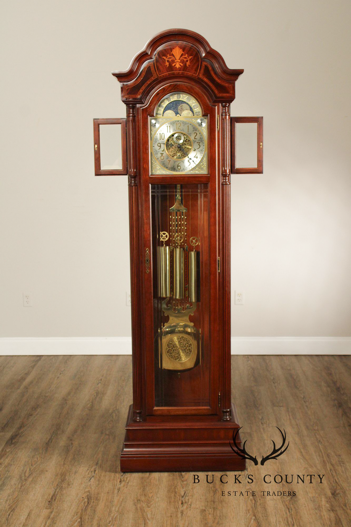 Sligh Mahogany Inlaid Grandfather Clock With Moon Phase Dial