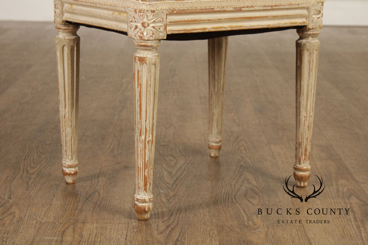 French Louis XVI Style Vintage Pair Painted Stools With Upholstered Seats