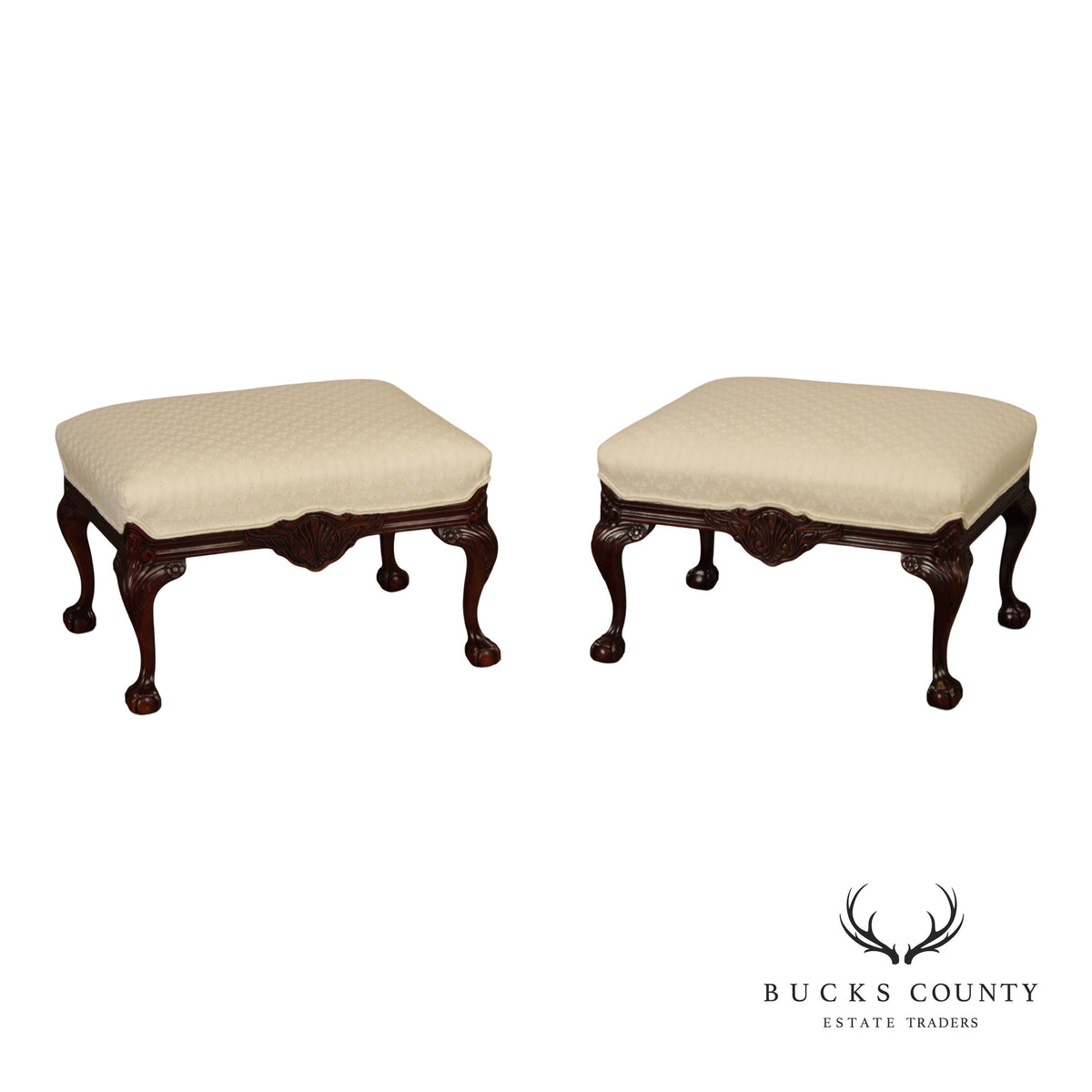 Thomasville Pair Of Chippendale Style Mahogany Upholstered Ottomans