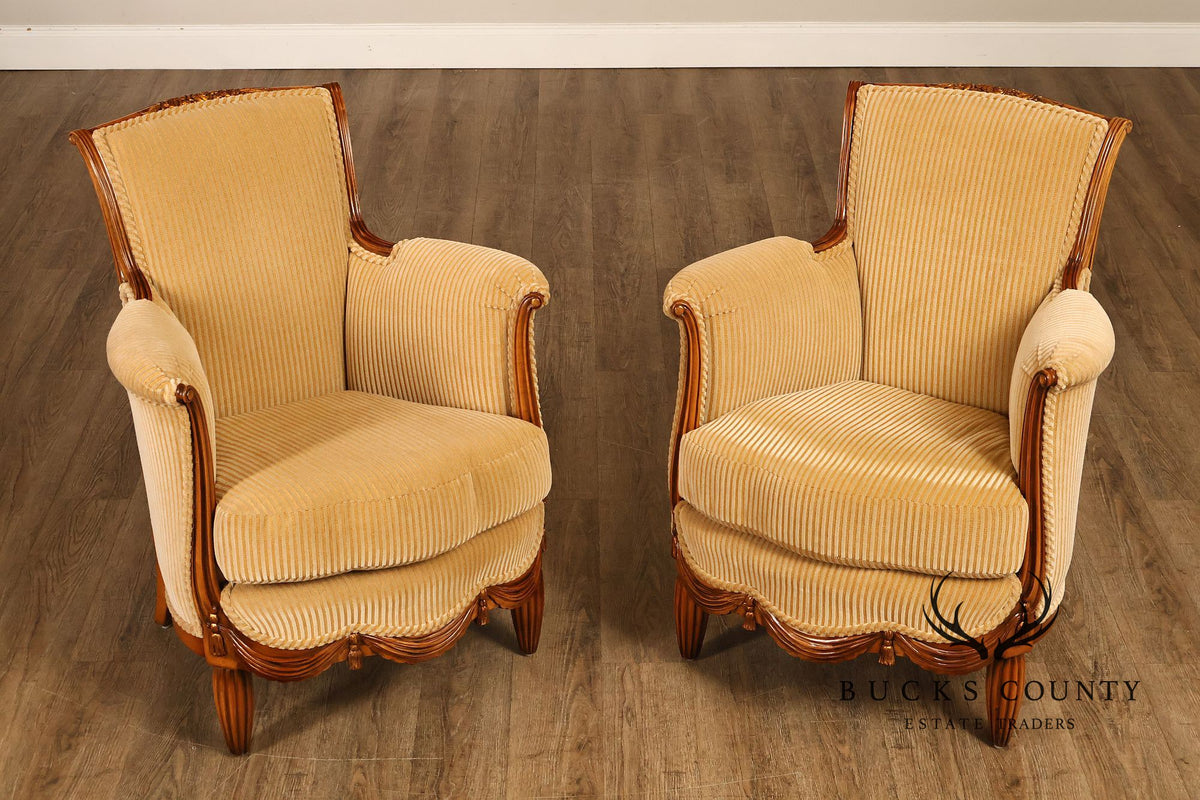 Medea Furniture Pair of Louis XVI Style Carved Bergere Armchairs With Gold Striped Velvet Upholstery
